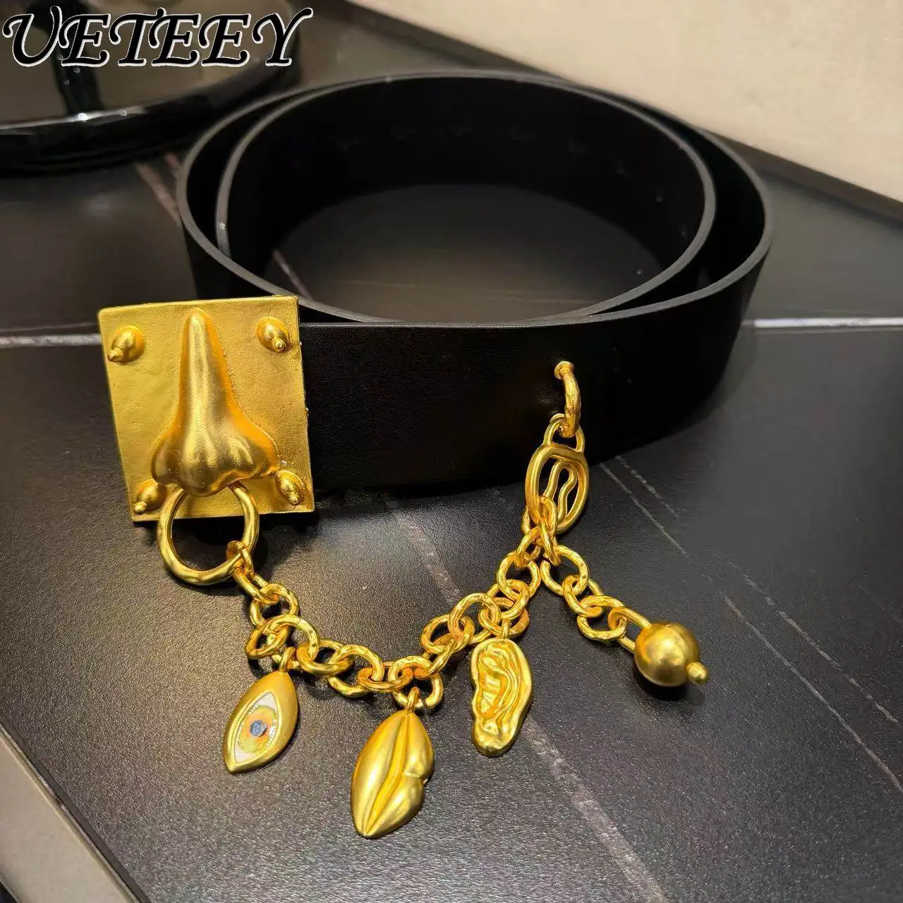 ヴィンテージファッション-pu-レザーベルト金属チェーン装飾ベルトアクセサリー女性ニッチセーターパンツアクセサリーベルト女性用