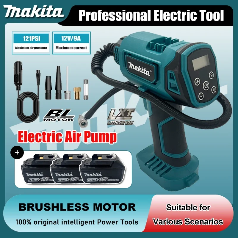 

Беспроводной портативный электрический воздушный насос Makita 12В, перезаряжаемый ручной компрессор для автомобилей, совместимый с аккумулятором Makita 18В