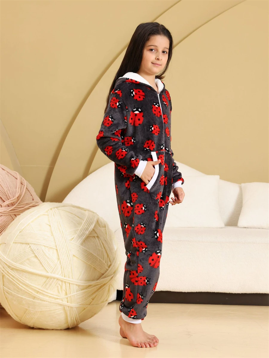 Hooded Flannel Pajamas For Children Animal Pyjamas Kids Onesie Girls Sleepwear Ladybug Print Jumpsuit