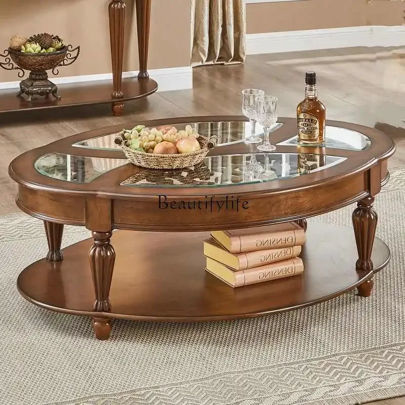 

ls 42American solid wood oval coffee table antique living room household small apartment living room round tea table