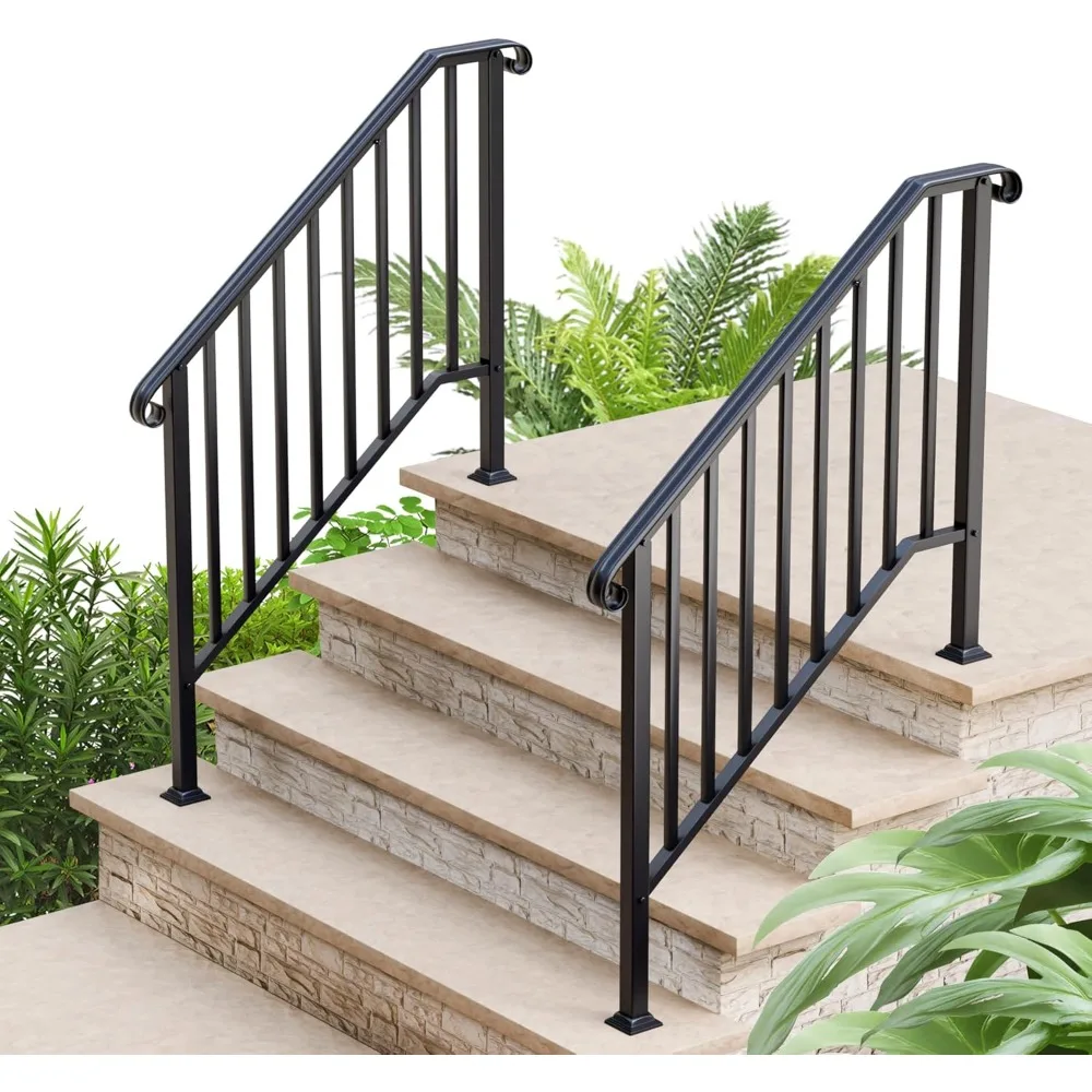 Outdoor Wrought Iron Stair Railing for 3-4 Steps, Metal Handrail with Installation Kit