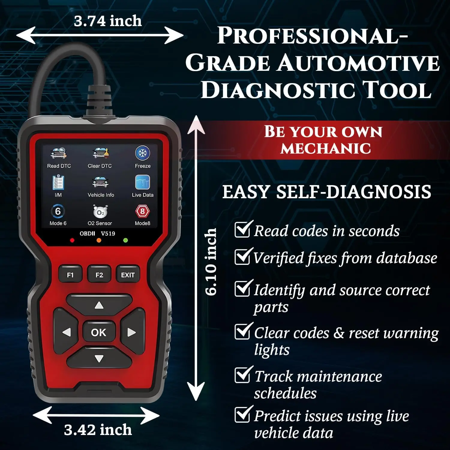 OBD2 V519 Scanner 2025 - OBDII CAN Code Reader, Live Data, Battery Test, 40K+ DTC, I/M Readiness, Check Engine Light & Smog Test