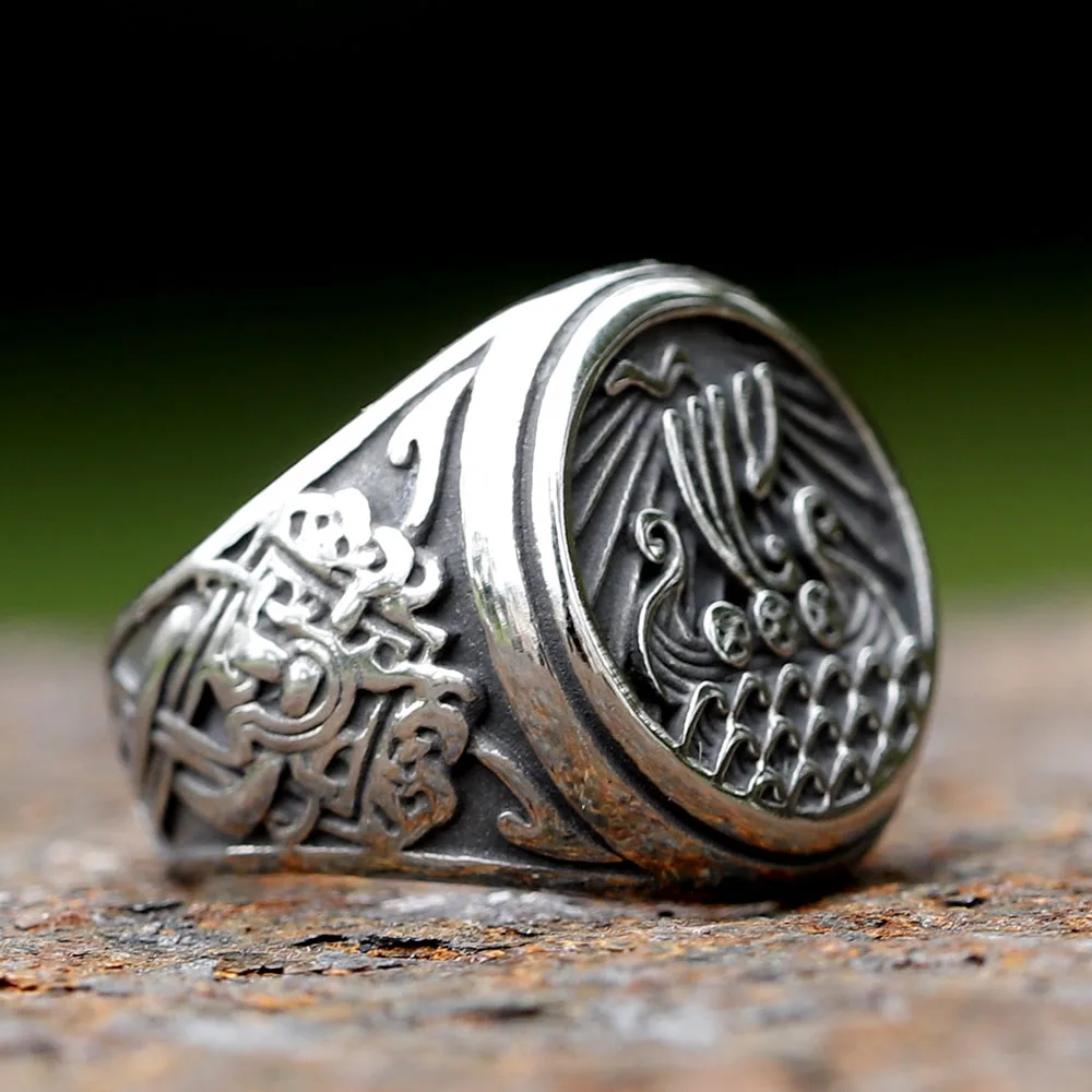 2023 New Design Stainless Steel  Warrior Odin ship ringAmulet Jewelry Fashion Punk High Quality Jewelry for gift free shipping