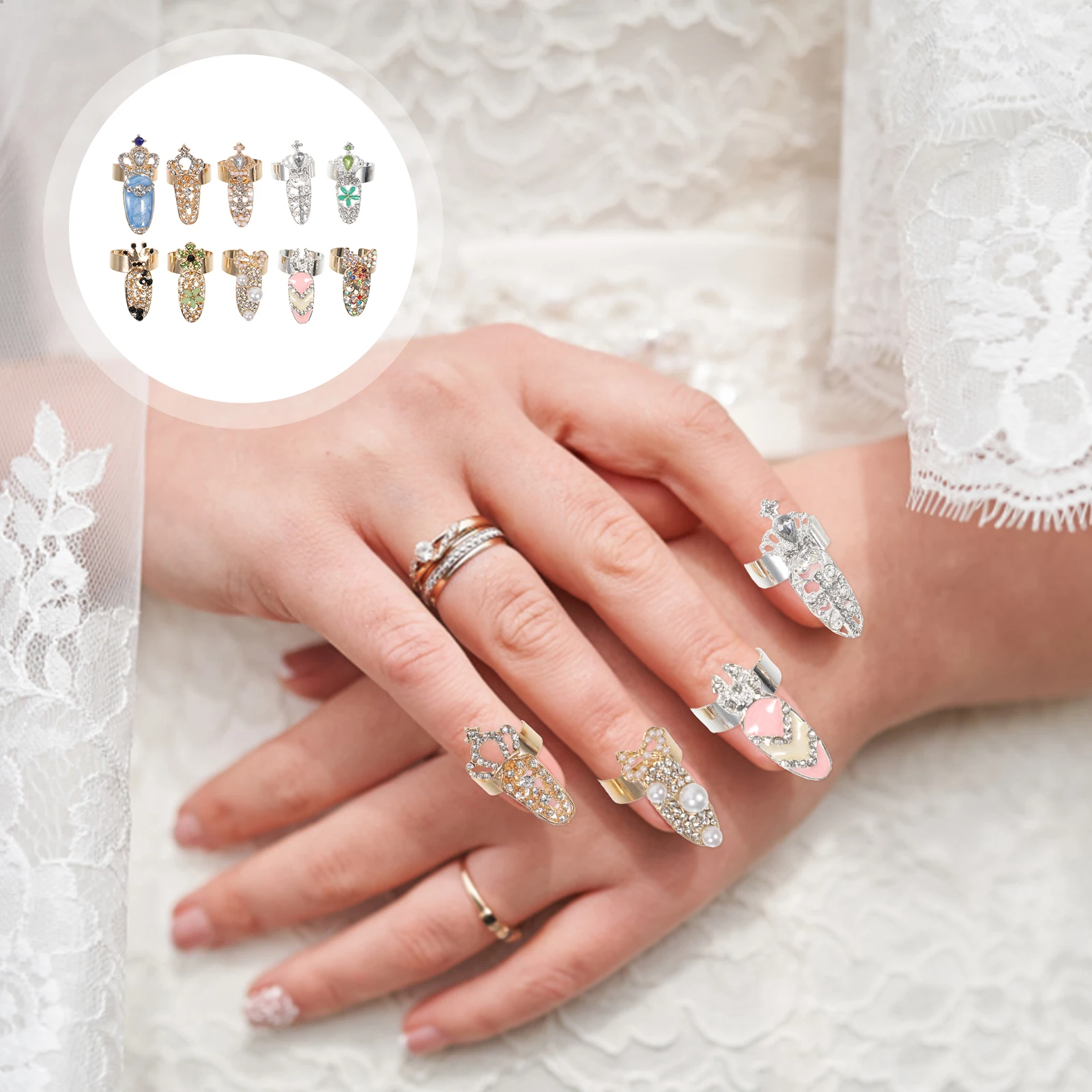

10Pcs Rhinestone Nail Ring Fashion Knuckle Ring Cool Punk Jewelry for Women Finger Accessories Club Party Nail Decor