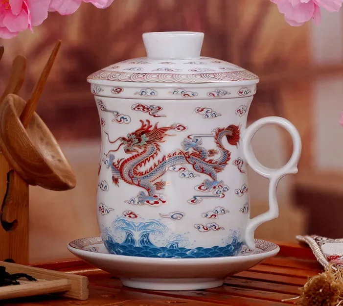 Chinese Dragon Pattern Ceramic Tea Cups Infuser Coffee Mugs Filter Tea Set Decor