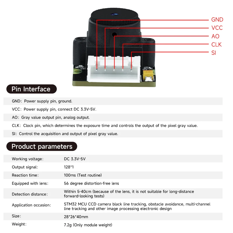 โมดูลกล้อง CCD แบบเส้นตรง TSL1401การประมวลผลสัญญาณไฟฟ้าที่มีพอร์ต5IN-XH2.54 128พิกเซลสำหรับการติดตามสายหุ่นยนต์อัจฉริยะ DIY