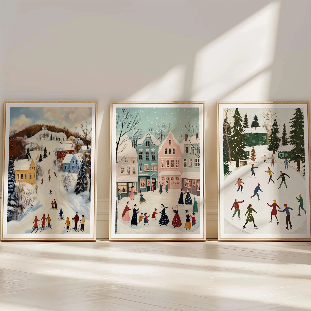 Winter Wall Art Set of 3 Christmas Village Cozy Season Ice Skating Print Room Decor Winter Wall Art Christmas Decor Gift Poster