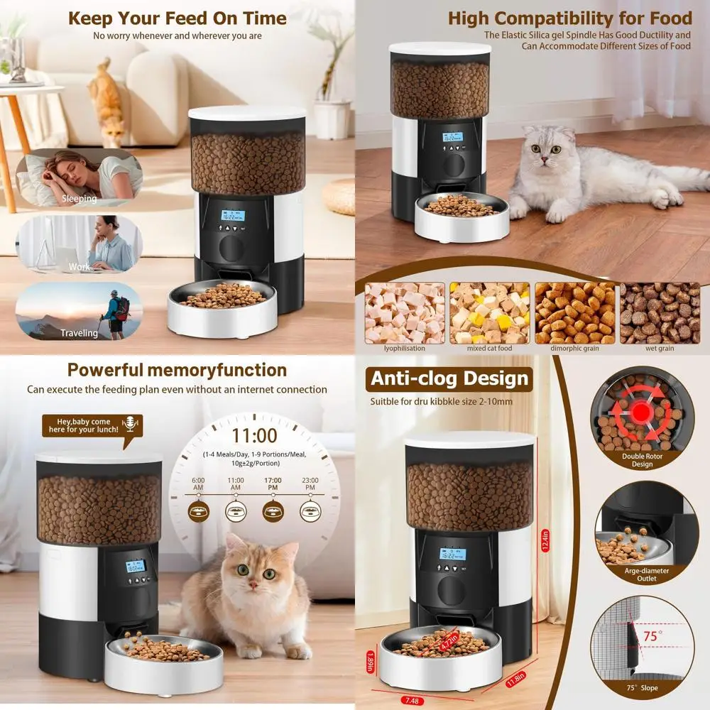 

3L Programmable Pet Food Dispenser with 4 Daily Meals, Dual Power, Voice Recorder (White & Black)