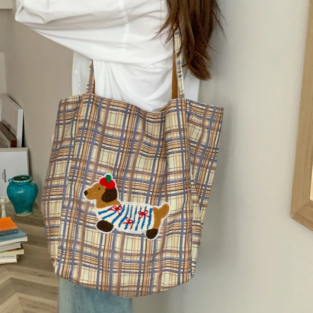 Retro Plaid Large Capacity Cute Dog Pattern Shoulder Bags Women's Tote Shopping Bag Casual Double-sided Female Corduroy Handbags