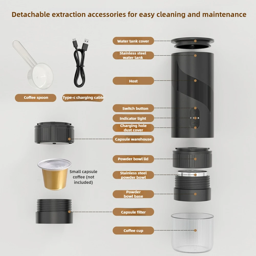 Portable Mini Coffee Machine USB Rechargeable Wireless Espresso Maker for Capsules Compact Travel Design