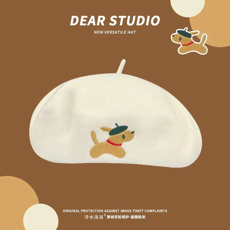 

Japanese Cute Puppy Embroidered Berets for Women Autumn and Winter Travel Warm Casual Versatile Classic Flat Top Painter Hats