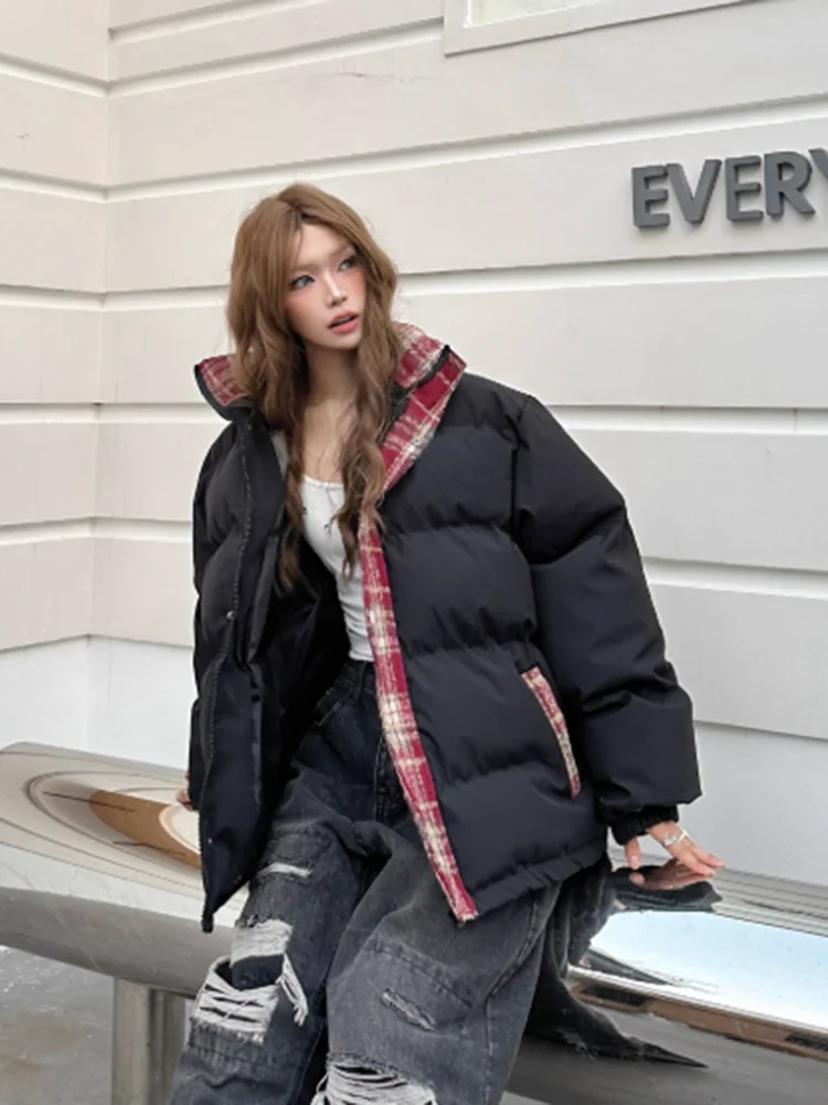 Zoki خمر الشارع الشهير Y2K سترات المرأة الأمريكية منقوشة المرقعة الشتاء منتفخ معطف Harajuku فضفاض الهيب هوب Bf سترة طويلة الأكمام #2