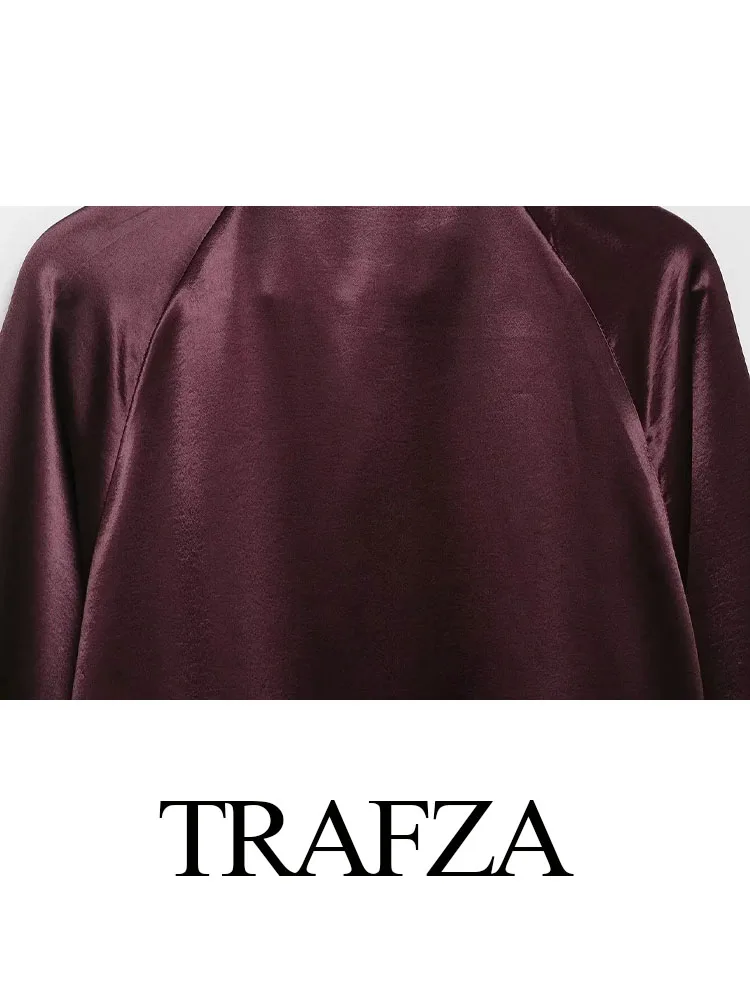

TRAFZA Women's Fashion Vintage Solid Silk Satin Textured Jacket Female Lapel Single Breasted Loose Shirt Style Long Sleeve Coat