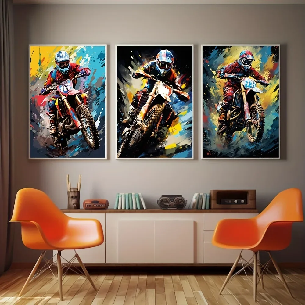 3PCS Framed Motocross Canvas Wall Art, Colorful Dirt Bike Rider Prints for Boys Room