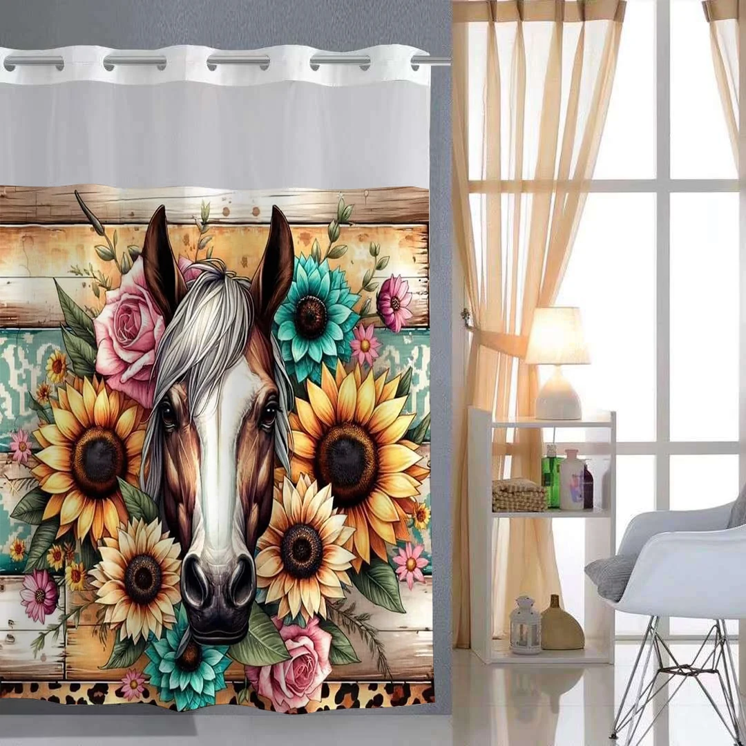 

No Hook Bull Sunflowe pattern Shower Curtain With Snap-in Fabric Liner Sheer Top Window, Waterproof Double Layer Bathtub curtain