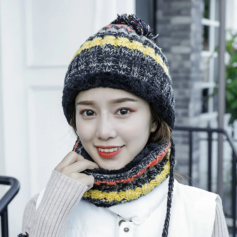 Winter Women Knitted Hat Snow Caps Scarf Female Warm Hat Scarf Set Fashion Wool Thickening Hat Set Casual