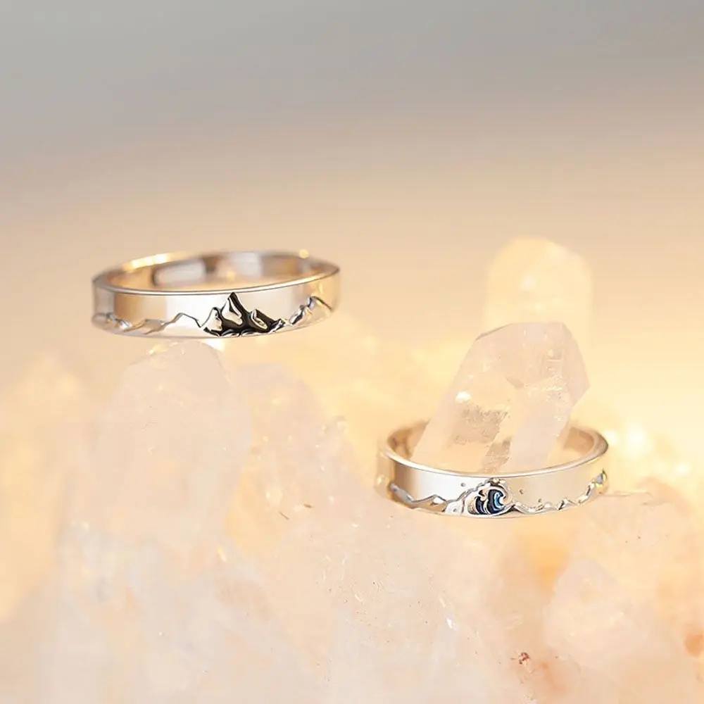 Jewelry Fashion Weddings Valentine's Day Present Romantic Couple Rings Mountain and Sea Adjustable S925 Silver Plated