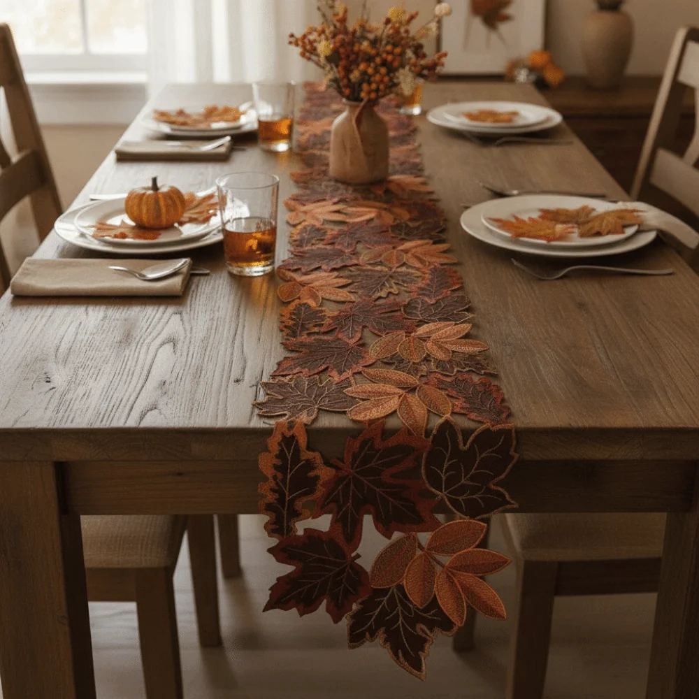 Rustic Style Maple Leaf Embroidered Table Runner Hollow Design Decorative Autumn Harvest Table Mat Brown Rectangular Tablecloth