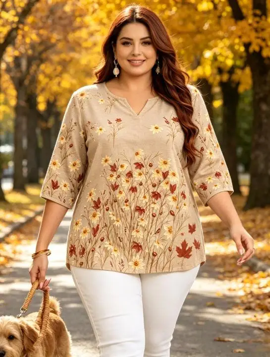 Plus Size Women Floral Blouse Notch V Neck 3/4 Sleeve Three Decor Buttons Loose Lightweight Casual Spring Autumn Daily Top