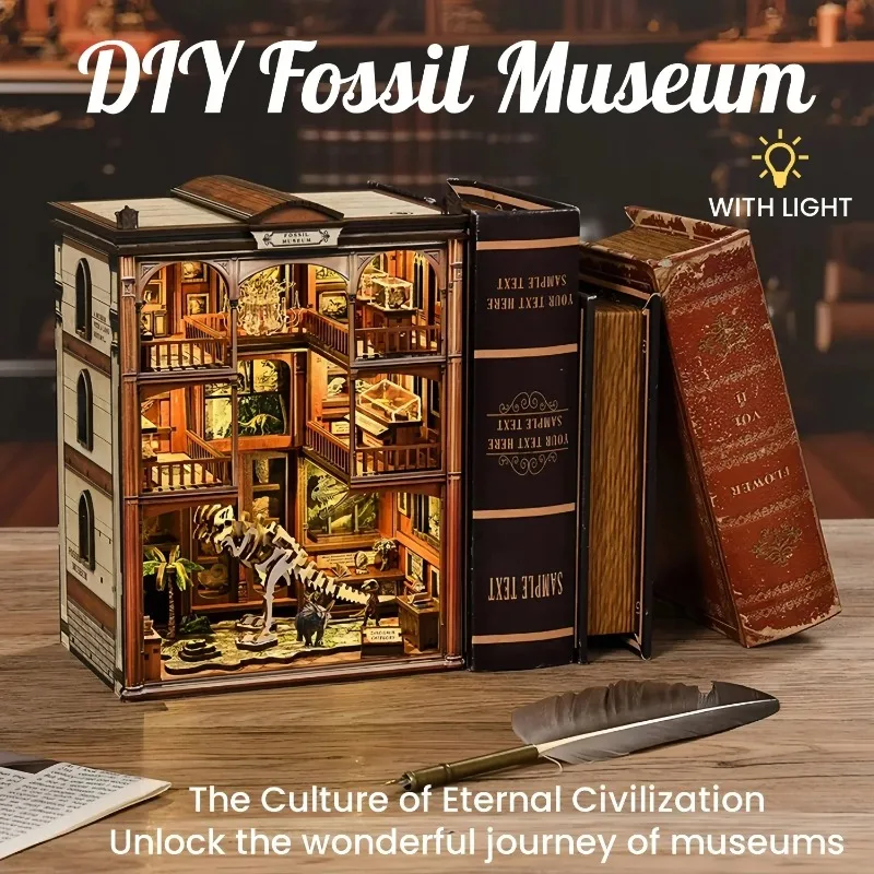 DIY Book Nook Shelf Insert Kit Fossil Museum Bookend Miniature Dollhouse 3D Puzzle Assembly Model for Adults Birthday Gifts