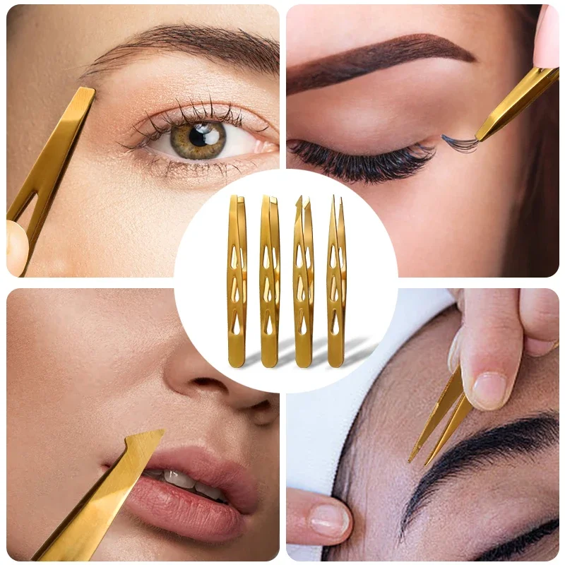 Pinças profissionais de aço inoxidável, 4 unidades, para mulheres, conjunto de pinças de sobrancelha, pinça de precisão para pêlos faciais, lasca e ingr