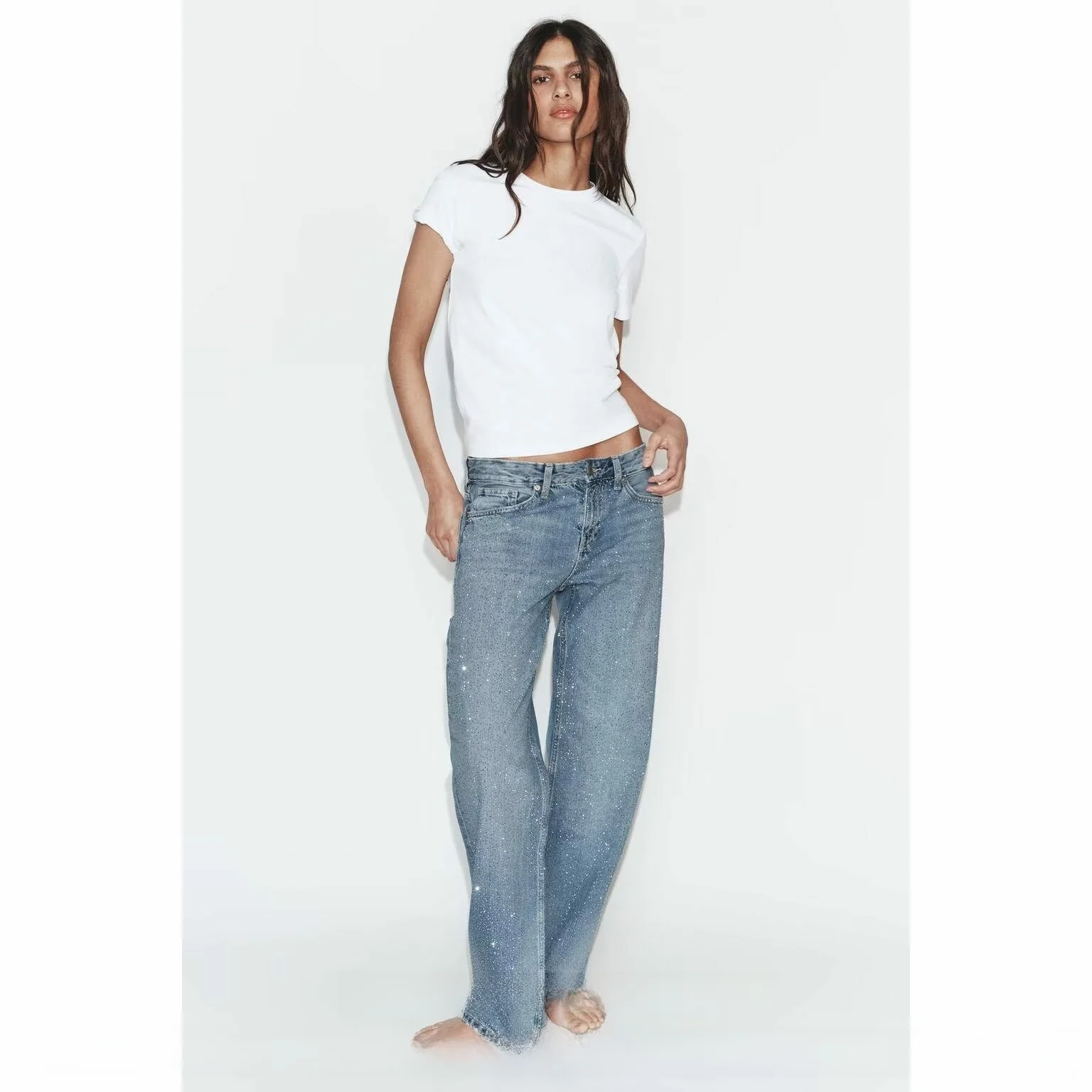 New 2026 Spring Summer Women's Low Waist Washed Casual Straight Leg Jeans Shiny Sequin Pants Simple Versatile Ladies Trousers