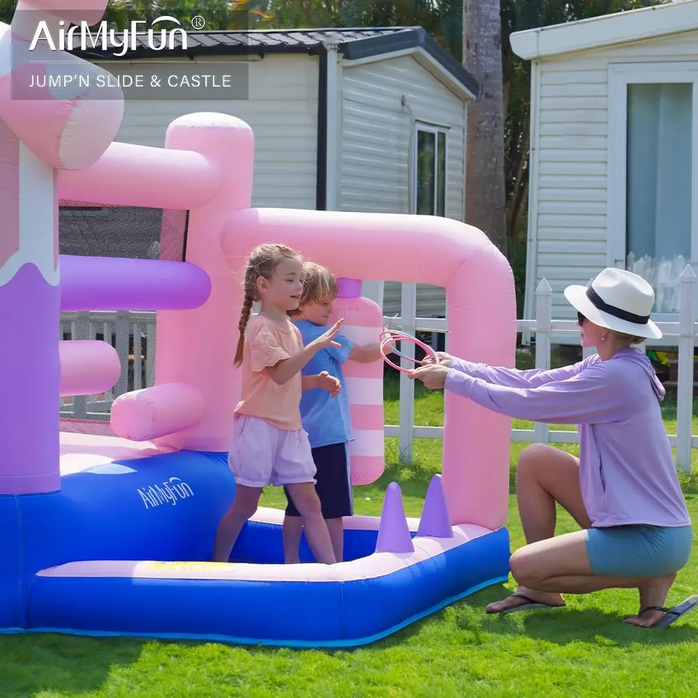 Roze opblaasbaar springkasteel met ijsthema voor kinderen - springkasteel voor binnen en buiten met glijbaan, ballenbak, sloopbal en bou
