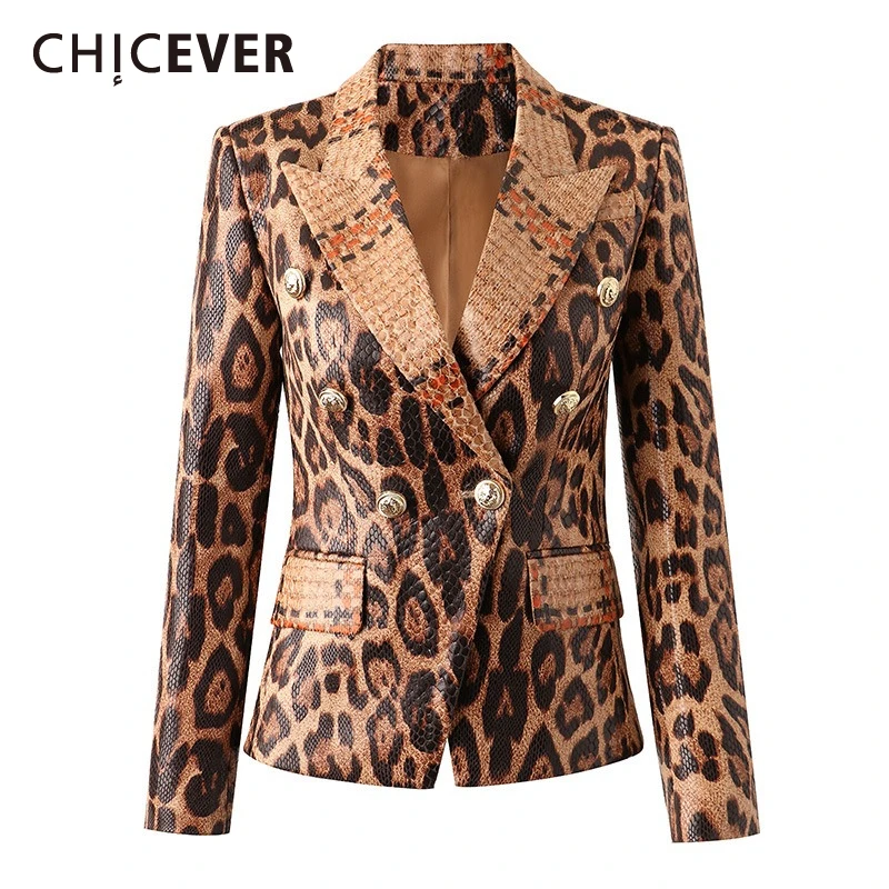 CHICEVER Leopard Printed Designer Jacket for Women Lapel Long Sleeve Patchwork Double Breasted Fashionable Slimming Coat Female