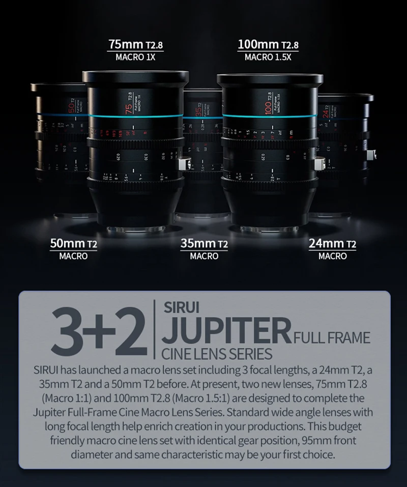 SIRUI Jupiter 24mm 35mm 50mm T2 75mm T2.8 1:1 100mm T2.8 1:1.5 Full Frame Macro Cinema lens For EF PL Cine Cameras