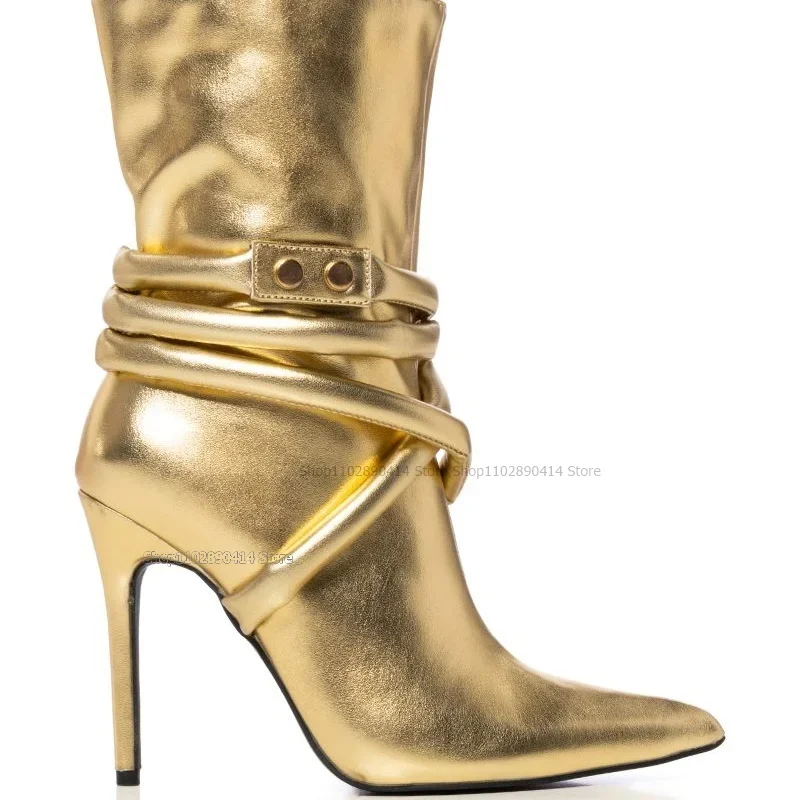 الذهب Strappy مشبك ديكور أشار تو الأحذية منتصف العجل الجانب سستة النساء أحذية رقيقة عالية الكعب موضة جديدة 2023 Zapatos Para Mujere