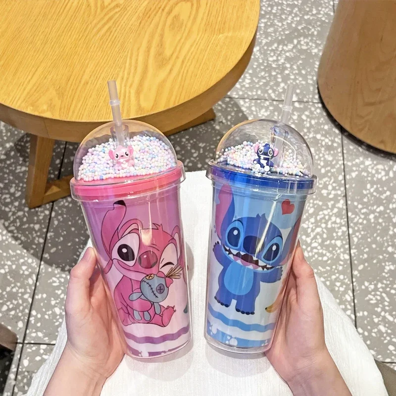 Sanrio Kawaii Miniso Disney Stitch 450Ml Lilo & Stitch Cartoon Double-Layer Plastic Couple Water Cup Portable