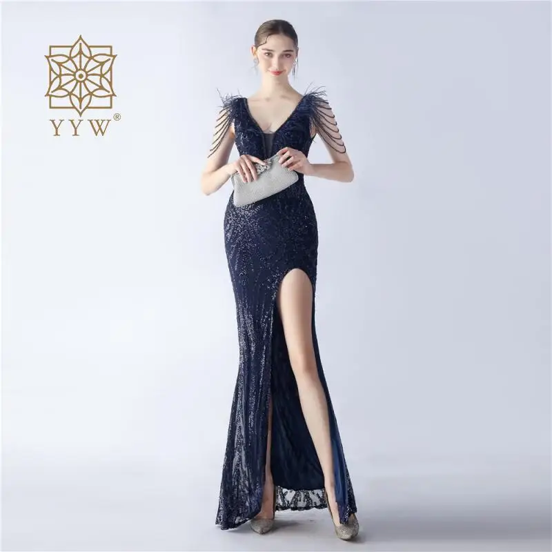 Beading Deep V Women Mermaid Dress Glitter Sleeveless Luxury Long Dress Formal Occasion Ladies Maxi Slim Prom Gowns Gala Vestido