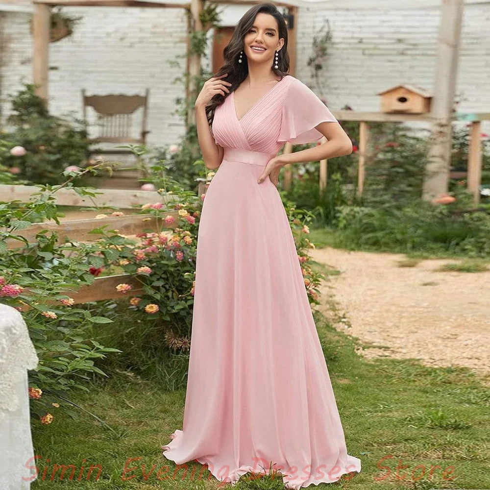 

SiMin Gorgeous Sash V-Neck Pink-Dresses Pleats Short-Sleeves Floor-Length فستان حفلة Saudi Arab Evening dresses for women 2024