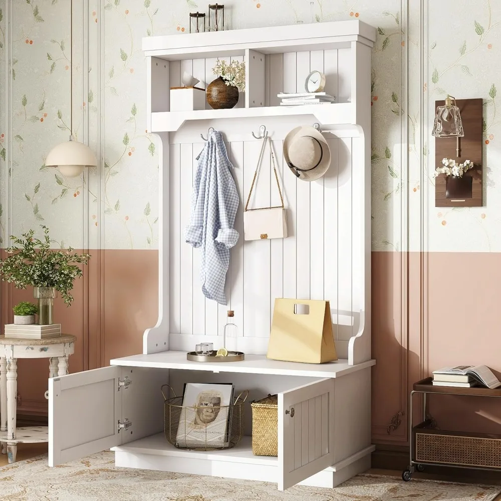 

Coat Rack with Bench and Shoe Storage Shelf, Wood Hall Tree with 3 Hooks/Mudroom Bench with Storage and Hooks, Coat Rack