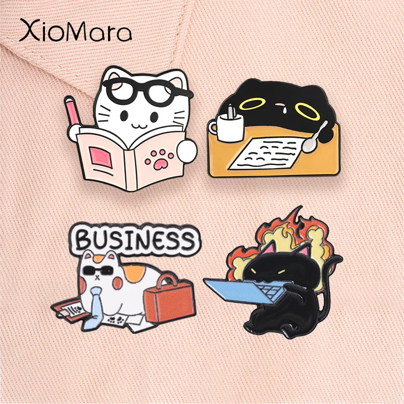 Cute Reading Study Cat Enamel Pins Cartoon Hardworking Sleepy Kitten Office Animal Brooches Lapel Badge Jewelry Gift for Friends