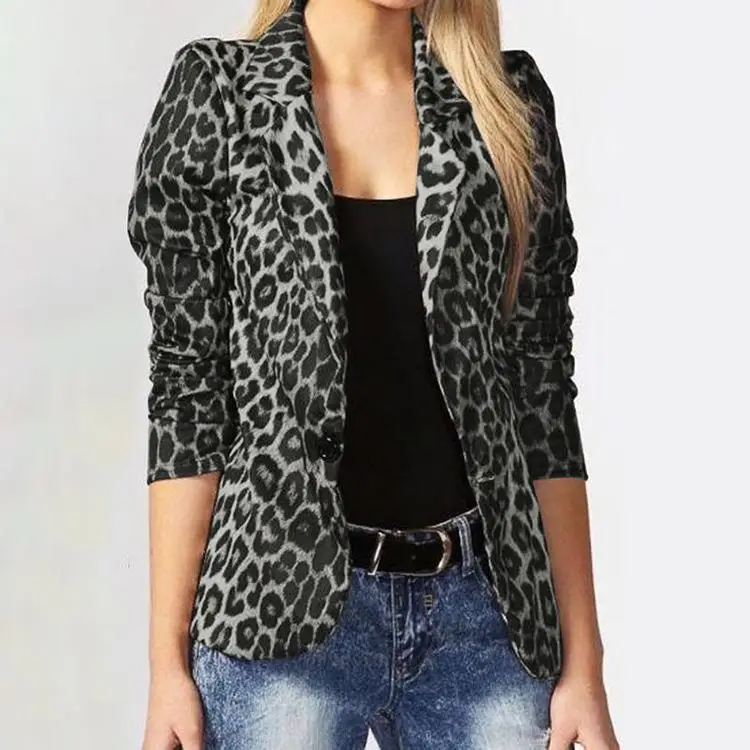 

Women's Casual Long Coat European Faion Jaets plus Size Autumn Spring Leopard Print Regular Fit Long Sve