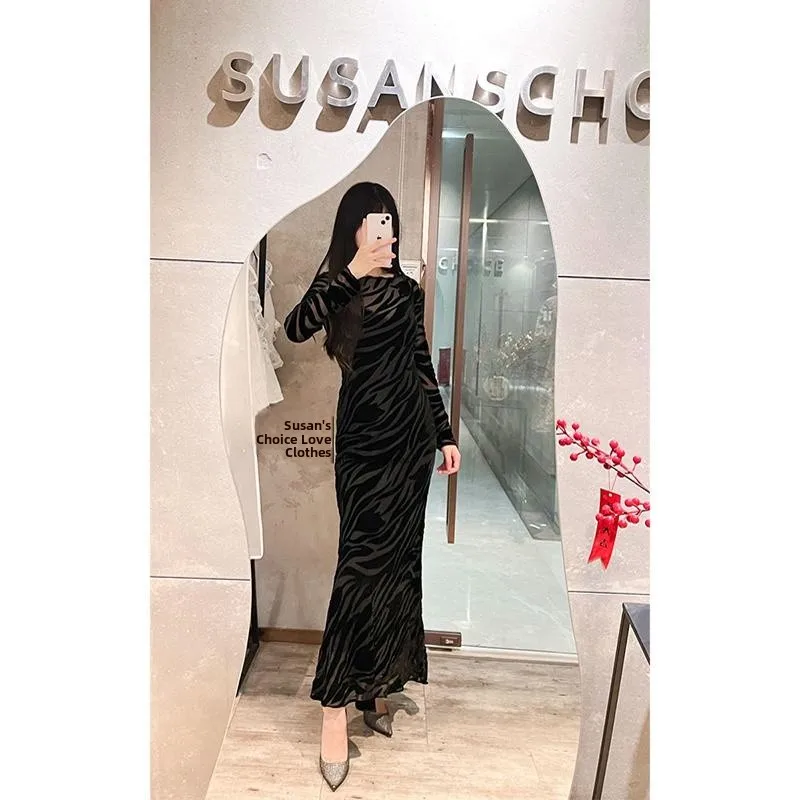 Susan Sexy Bla velours tulipe longue Sve minceur Dr Ele doux Sle automne Faion femmes Dr fabricant chinois