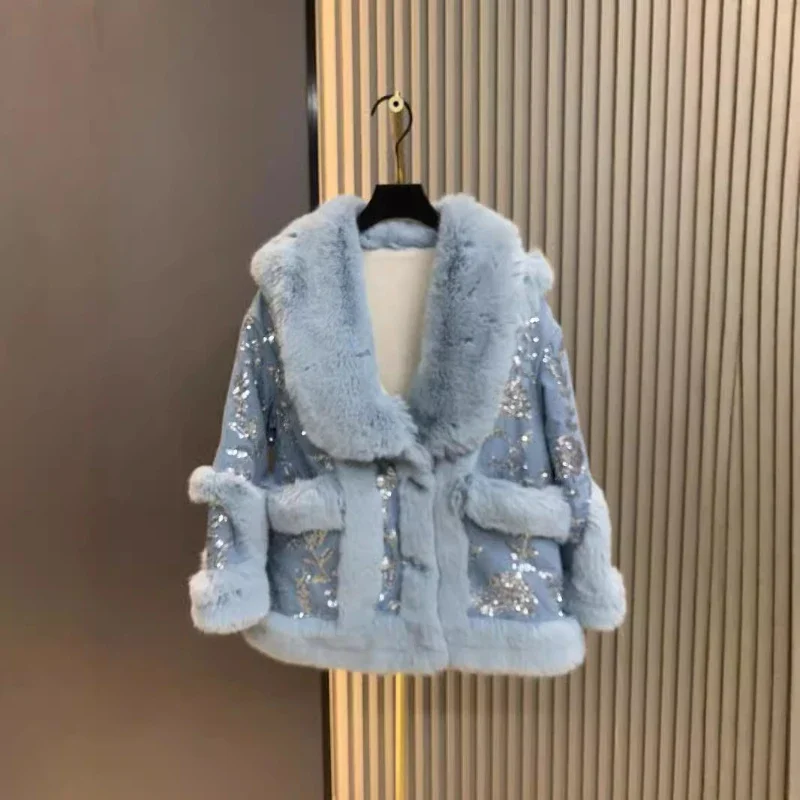 Faux Fur Coat Women Warm Sequin Water Hair One Piece Outerwear Fur Collar High Quality, Luxury Jacket, Winter Fashion, New, 2024