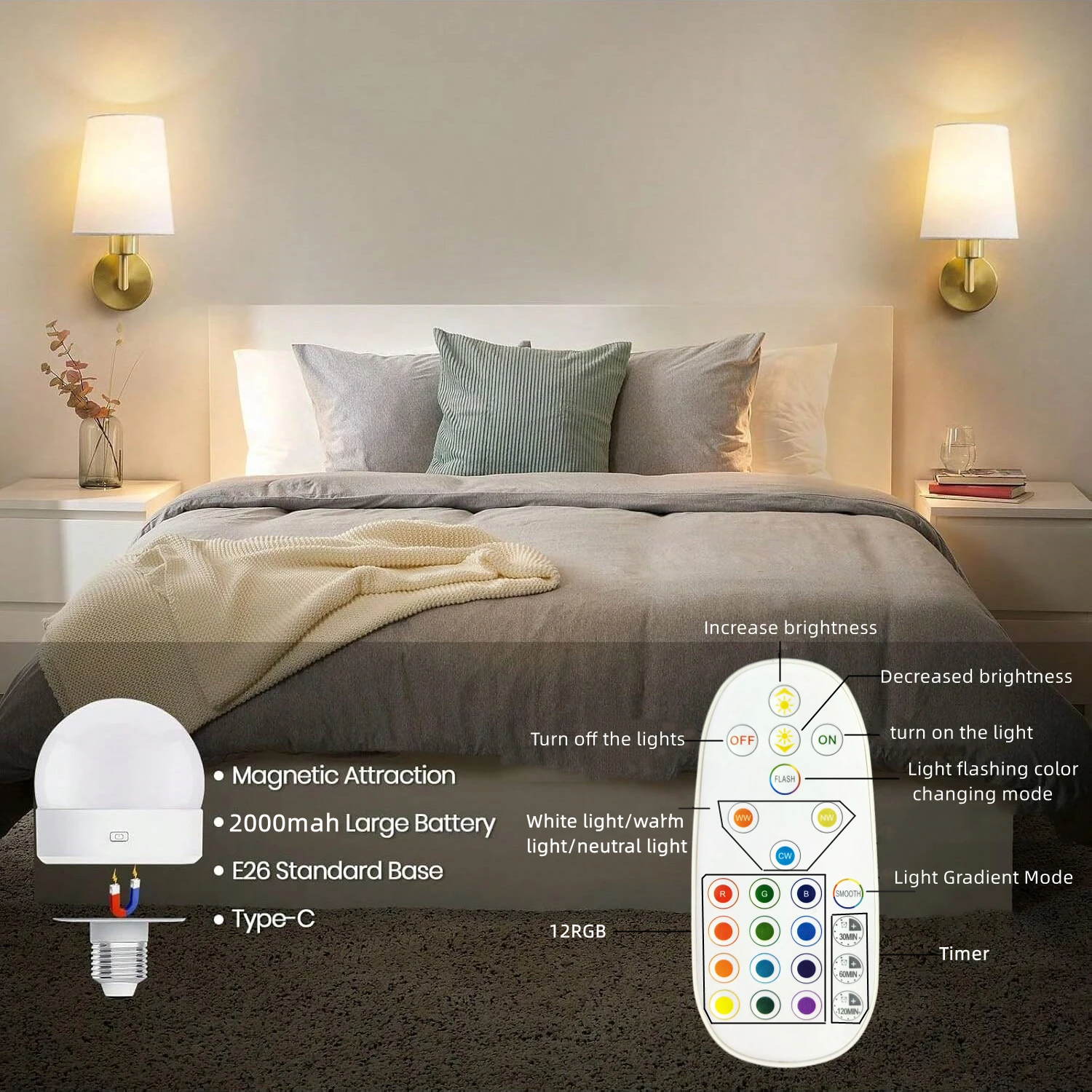 Wireless Rechargeable Battery-Powered Wall Light with Dimmable, Detachable Bulb and Remote Control, 15 Colors, Suitable for Bedroom, Living Room, Hallway Decoration