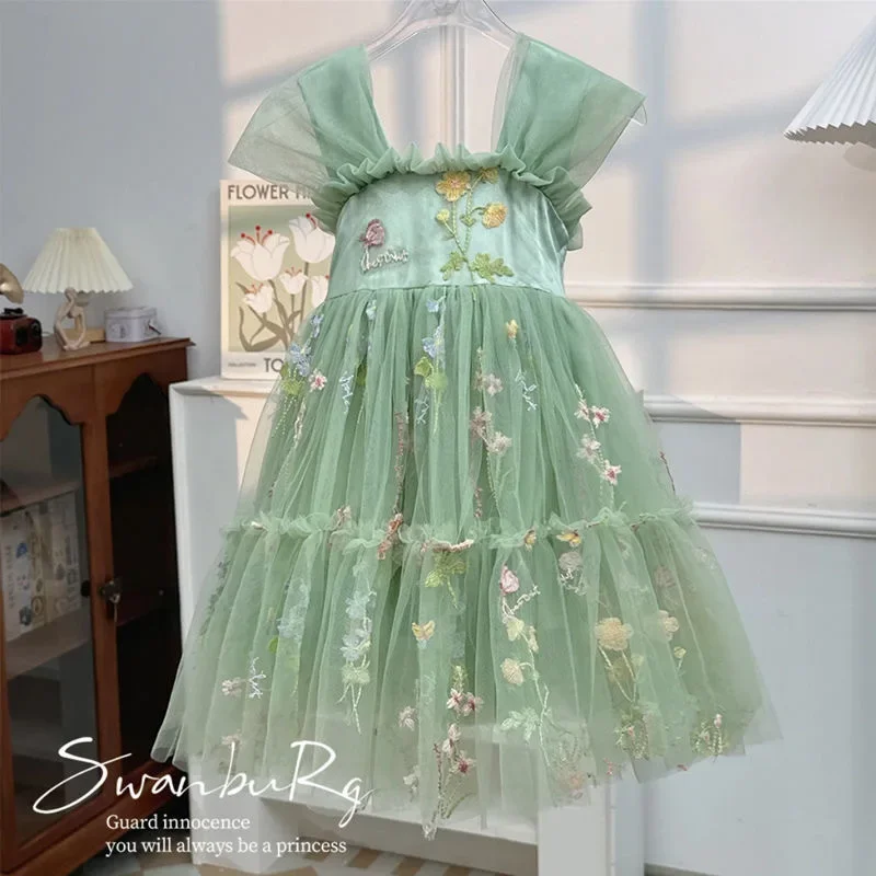 Baby Girl Summer Children\'s Green Prom Dress Floral Bows Embroidery Evening Gown Ballerina Dance Performance Dress Girl Clothes