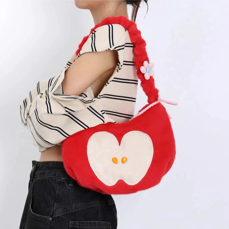 2026 New Sweet and Cute Plush Apple Lolita Underarm Bag Autumn and Winter Niche Girl Heart Shoulder Crossbody Bags for Women