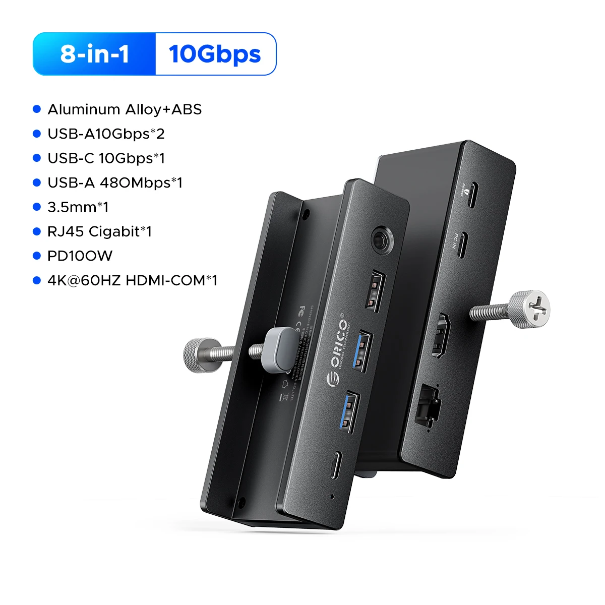 ORICO Aluminum 8 in 1 USB Clip Hub Support External Power Supply for High Speed 10GBPS Data Transmission on MAC OS PC image 3