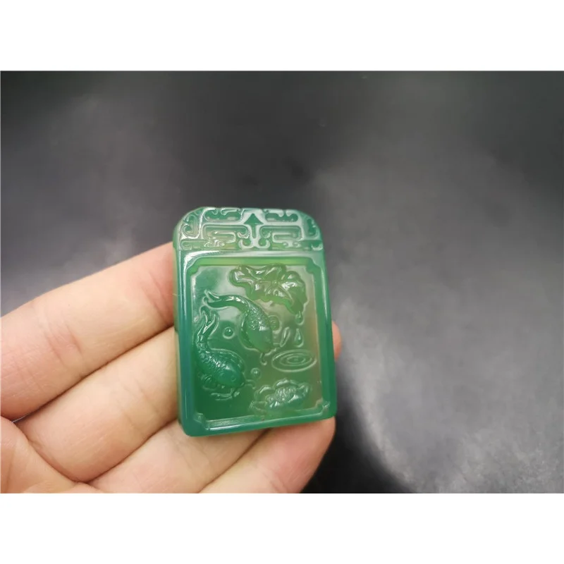 Cheap Jade Green Chalcedony Carp Lotus Pendant Green Agate Pisces Brand Sweater chain pendant