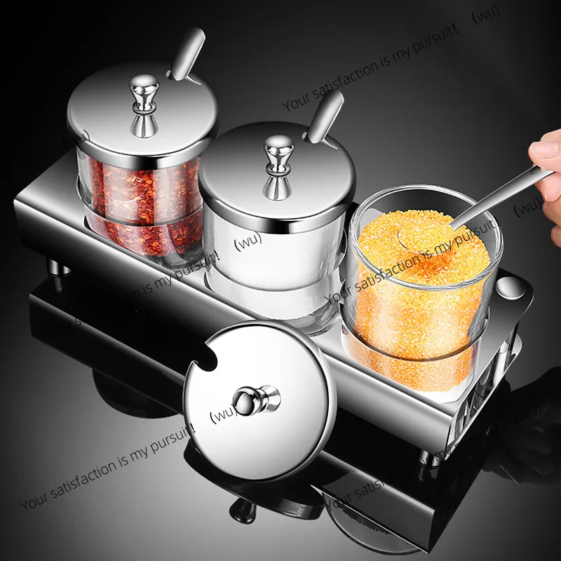 304 stainless steel seasoning tank kitchen thickened seasoning tank with spoon moisture-proof sealed seasoning tank combination