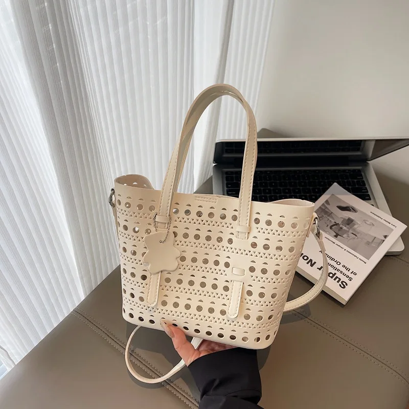 

2025 Summer Woven Tote Bag Solid Color Hollow Out Design Stylish Mother Daughter Set Fashionable Beach Shopping Bag