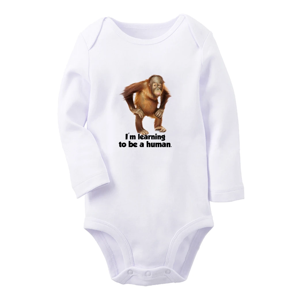 Orangutan I'm Learning to Be a Human Cute Baby Rompers Boys Girls Fun Print Bodysuit Infant Long Sleeves Jumpsuit Kids Clothes