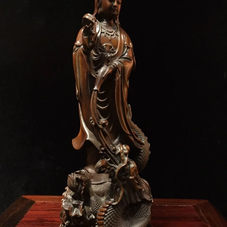 Chinese Buddhism Boxwood Wood Carving Dragon GuanYin Kwan-yin Buddha Statue