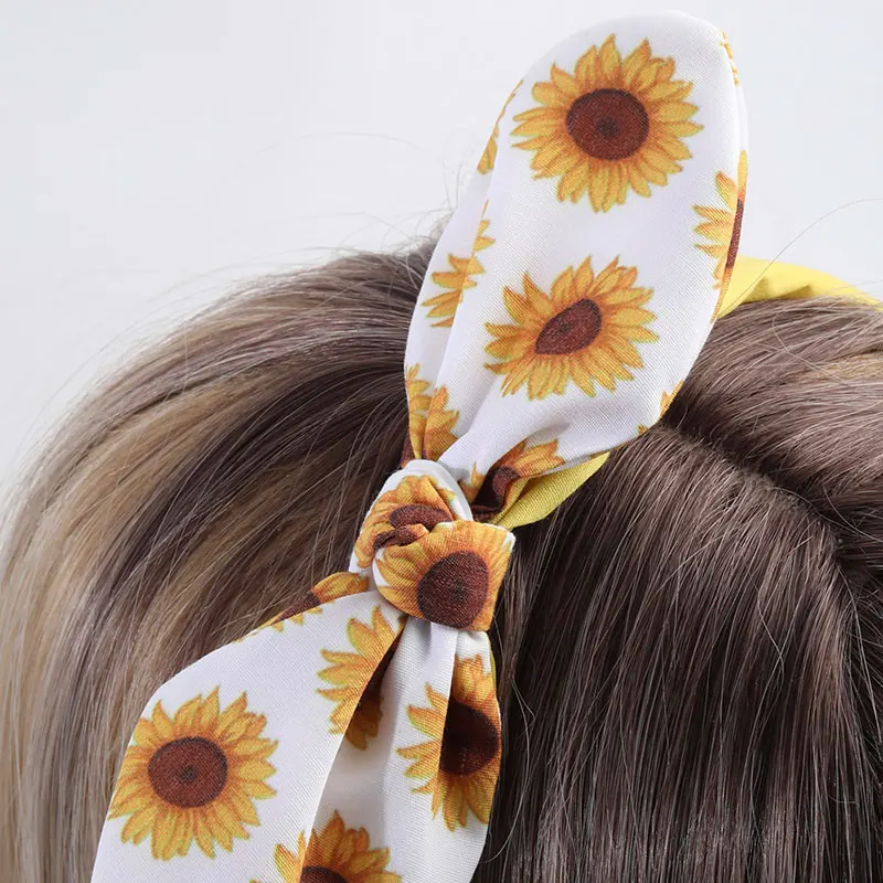 Diadema con estampado de girasol para niña, 2 piezas, lazo bonito, Aro para el pelo, soporte para cola de caballo, cintas para el pelo con lazo encantador, accesorios para el cabello