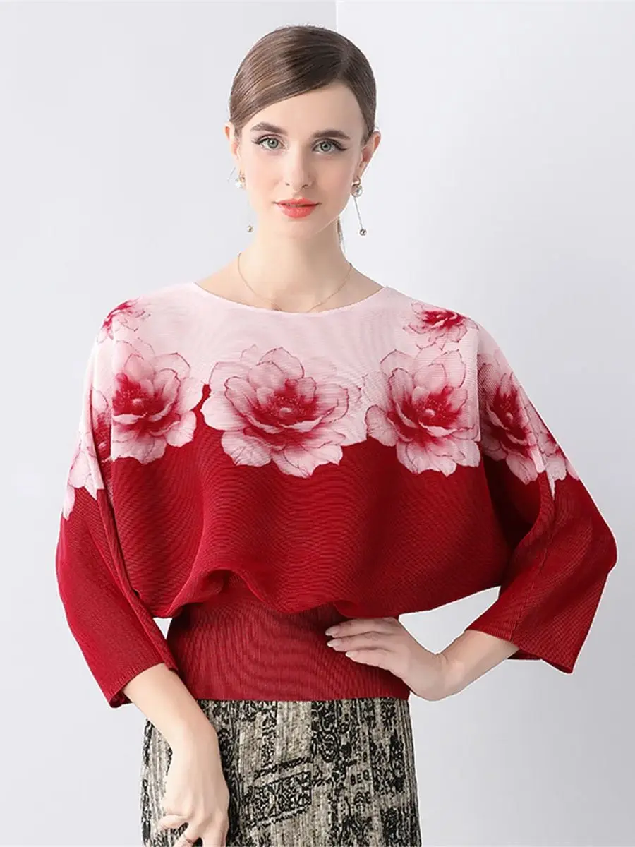 

Miyake Pleated O-neck Batwing Sleeve Tops Women Causal Korean Fashion Flower Print Folds T-shirt For Women