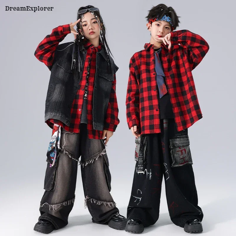 Boys Hip Hop Denim Vest Loose Cargo Jeans Pants Girls Street Dance Plaid Shirt Kids Jazz K-pop Clothes Sets Children Streetwear